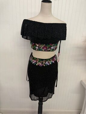 Primavera Couture Black Sequin Mini Skirt with Multicolor Floral Trim